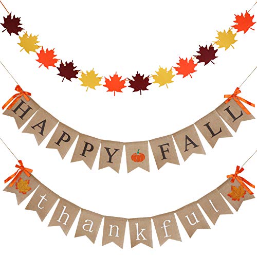 Product Cover 3 Pieces Happy Fall Banner Thankful Banner Give Thanks Banner and Felt Fall Leaves Garland Banner for Fall Thanksgiving Decoration (Style Set 1)