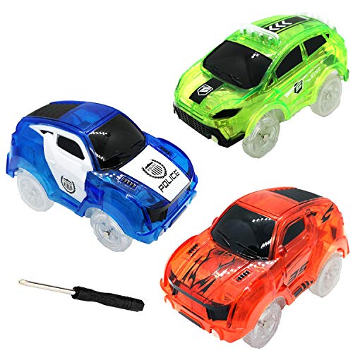 Product Cover HZMENG Track Cars Compatible with Magic Tracks and Neo Tracks Replacement Light Up Racing Track Accessories with 5 Flashing LED Lights Glow in The Dark Best Toys for Boys and Girls ( 3 Pack )