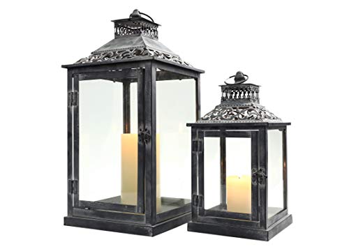Product Cover JHY Design Set of 2 Antique Grey Brush Decorative Lanterns, Metal Candle Lanterns for Indoor Outdoor, Events, Paritie and Weddings Vintage Style Hanging Lantern
