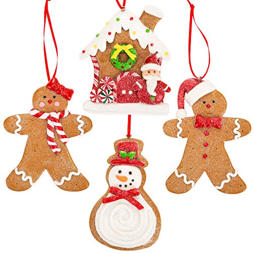 Product Cover Gingerbread Christmas Ornaments - Man Boy Girl Gingerbread House Snowman Cookie Rustic Christmas Decorations Set of 4 - Claydough Christmas Tree Decorations - Christmas Tree Ornaments With Gift Box