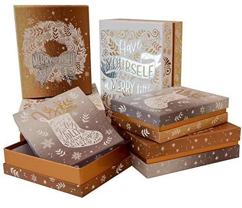 Product Cover Christmas Gift Boxes, Holiday Colors and Designs with Silver Accents & Bronze Trim, Nested with lids, Small Medium and Large, Set of 6 for Gift Baskets, Towers and Wrapping