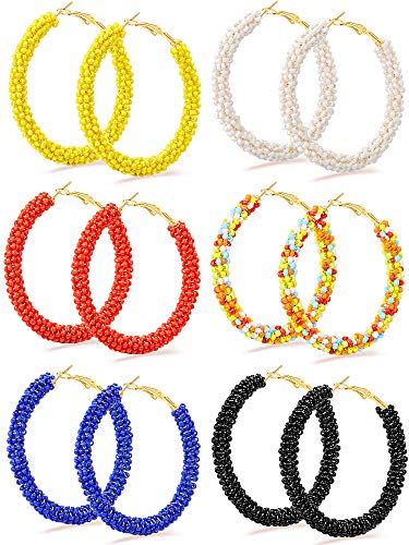 Product Cover 6 Pairs Beaded Hoop Earrings Bohemian Circle Round Earrings Handmade Chic Dangle Earrings for Women and Girls