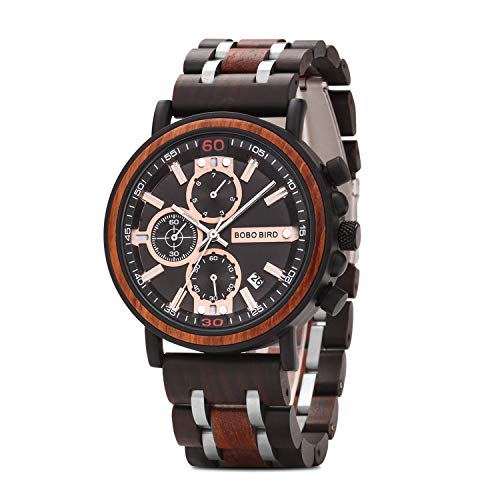 Product Cover BOBO BIRD S18-1 Mens Wood Watch Stylish Wooden Stainless Steel Combined Chronograph with Luminous Pointers Fashion Timepiece for Men