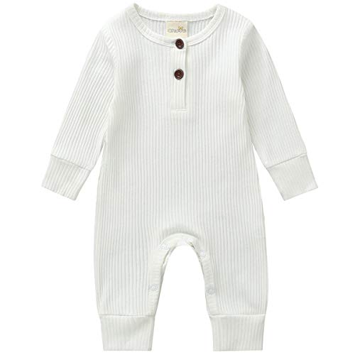 Product Cover Kuriozud Newborn Infant Unisex Baby Boy Girl Sleeveless Button Solid Knitted Romper Bodysuit One Piece Jumpsuit Summer Outfits Clothes (Long Sleeve one Piece White, 0-3 Months)