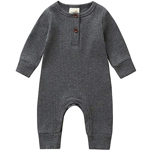 Product Cover Kuriozud Newborn Infant Unisex Baby Boy Girl Sleeveless Button Solid Knitted Romper Bodysuit One Piece Jumpsuit Summer Outfits Clothes (Long Sleeve one Piece Gray, 0-3 Months)