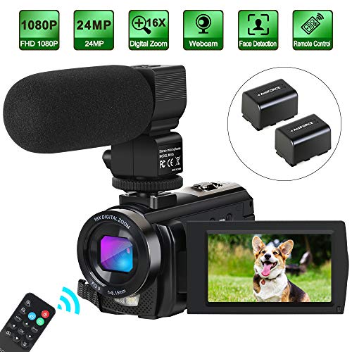 Product Cover Camcorder Video Camera Digital YouTube Vlogging Camera HD 1080P 30FPS 24MP 16X Digital Zoom 3 Inch LCD Flip Screen Video Recorder with Microphone and Remote Control, 2 Batteries