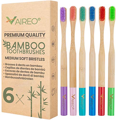 Product Cover Vaireo Bamboo Toothbrushes | 6-Pack Eco Friendly Travel Wood Toothbrush | Medium Soft Bristles | Natural Biodegradable Wooden Recyclable Organic Vegan Sustainable (Adult, Multicolor)