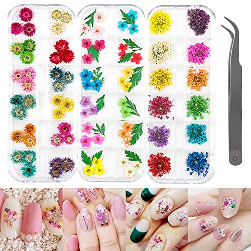 Product Cover LIMGLIM 120pcs Nail Dried Flowers 3D Nail Art Supplies Stickers Decoration Tips Manicure Decor Mixed Accessories for Nail Art Supplies, Natural Real Dry Flower Kit with a Curved Tweezers (3 Boxes)