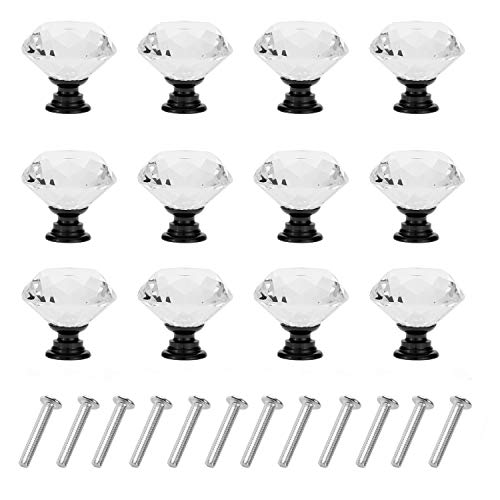 Product Cover D-buy 12 Pack 30mm Cabinet Knobs Drawer Pulls Drawer Knobs Dresser Knobs Diamond Shaped Crystal Glass with Screws (Black)