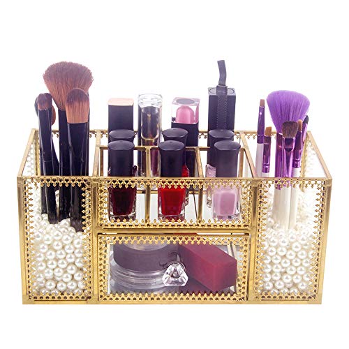 Product Cover DesignSter Antique Glass Makeup Organizer - Gold Lace Perfume Cosmetic Holder with Pearls/Brass Brush Lipsticks Storage/Vanity Mirror Base/Vintage 7 Compartments for Bedroom, Dresser, Countertop