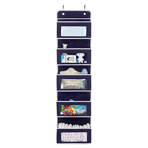 Product Cover Magicfly Over The Door Storage with 5 Large Clear Window Pocket, Wall Hanging Storage Organizer for Pantry Baby Nursery Bathroom Closet Dorm, Dark Blue