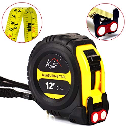 Product Cover 12 Foot Measuring Tape Measure By Kutir - EASY TO READ BOTH SIDE DUAL RULER, Retractable, Heavy Duty, MAGNETIC HOOK, Metric, Inches and Imperial Measurement, SHOCK ABSORBENT Rubber Case