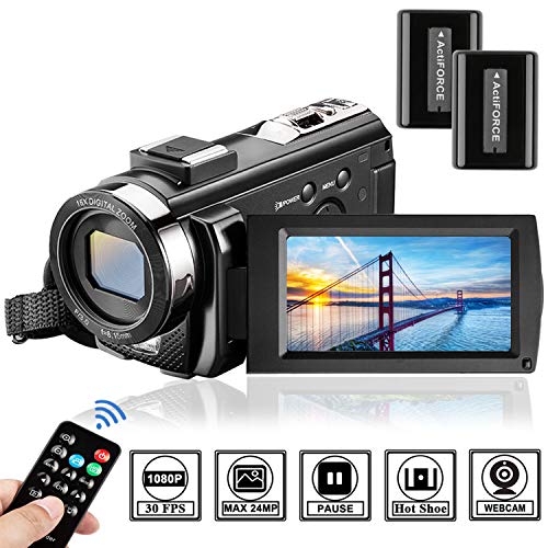 Product Cover Video Camera Camcorder Digital Camera YouTube Vloggaing Camera Video Recorder Full HD 1080P 30FPS 24MP 3.0 Inch 270 Degree Rotation Screen16X Digital Zoom Camcorder with Remote Control (2 Batteries)