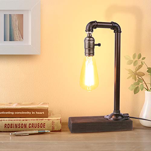 Product Cover Industrial Table Lamp, Edison Desk Lamp with Wood Base, Vintage Steampunk Rustic Pipe Lamp for Bedside, Dresser, Coffee Table in Bedroom Living Room Farmhouse