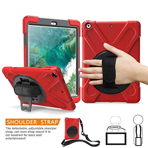 Product Cover 6th Generation iPad Case with Strap, TSQ Hybrid Heavy Duty Dropproof Silicone Rugged Protective Case with Stand/Hand Strap/Shoulder Strap/Screen Protector for iPad 9.7 Inch Tablet 2018 for Kids,Red