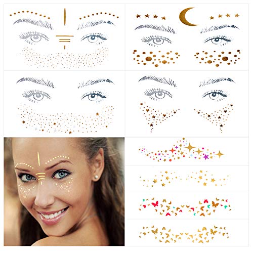 Product Cover 10 sheets (40+ different styles) Face Tattoo Sticker, Freckle Sticker, Face Metallic Temporary Tattoo Water Transfer Tattoo for Professional Make up Dancer Costume Parties