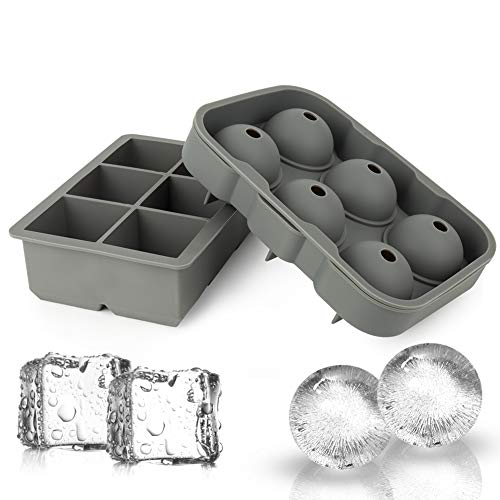 Product Cover Ticent Ice Cube Trays & Sphere Ice Molds - Set of 2 - Silicone Ice Ball Maker with Lid & Large Square Molds for Whiskey, Cocktail & Brandy(Grey)