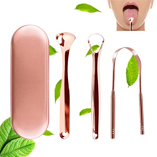 Product Cover Tongue Scraper Cleaner Stainless Steel, 3 Pack Tongue Scrapers for Adults, Kids, Men and Women Surgical Grade Fresh Breath Brush Tongue Scraping Kits with Case for Oral Care Bad Breath Cure - Rose Gold