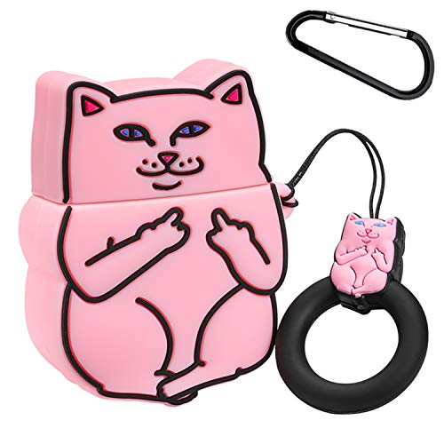 Product Cover Joyleop(Pink Finger Cat)Compatible with Airpods 1/ 2 Case Cover,3D Cute Cartoon Animal Funny Fun Cool Kawaii Fashion,Silicone Airpod Character Skin Keychain Ring,Girls Boys Teens,Case for Air pods 1&2
