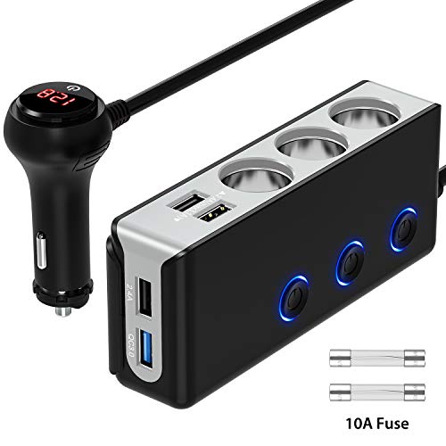 Product Cover [Updated Version]QUICK CHARGE 3.0 Cigarette Lighter Adapter, 120W 12V/24V 3-Socket Power Splitter DC Outlet with 8.5A 4 USB Ports Multifunction Car Charger, LED Display Voltage, Upgraded On Off Switch