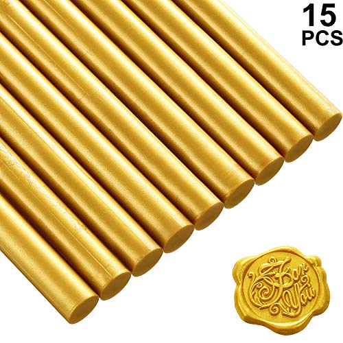 Product Cover 15 Pieces Glue Gun Sealing Wax Sticks for Retro Vintage Wax Seal Stamp and Letter, Great for Wedding Invitations, Cards Envelopes, Snail Mails, Wine Packages, Gift Wrapping (Gold)