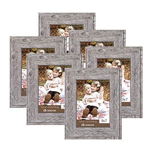 Product Cover BOICHEN 5x7 Picture Frames Display for Tabletop Display Wall Mount Rustic Wood Pattern High Definition Glass Photo Frames Grey Wood 6 Pack