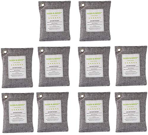 Product Cover OLIVIA & AIDEN 10 Pack - Large 200g Bags - Activated Bamboo Charcoal All Natural Air Freshener | Eco Friendly Odor Eliminator and Moisture Absorber | Car Deodorizer - Closet and Room Air Purifier