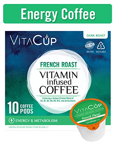 Product Cover VitaCup French Roast Coffee Pods Infused With Essential Vitamins B12, B9, B6, B5, B1, and D3, in Single Serve Keurig Compatible with 2.0 K-Cup Brewers (10 Count)