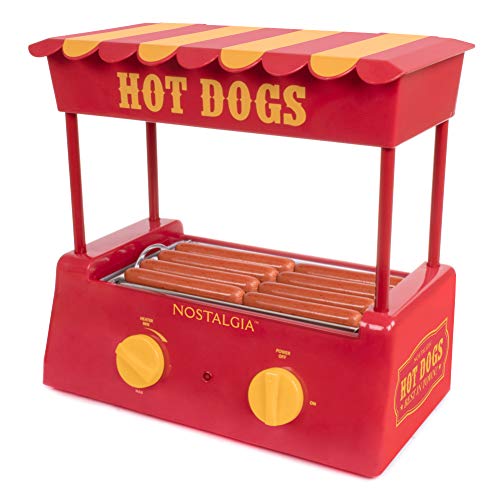 Product Cover Nostalgia HDR8RY Hot Dog Warmer 8 Regular Sized, 4 Foot Long and 6 Bun Capacity, Stainless Steel Rollers, Perfect For Breakfast Sausages, Brats, Taquitos, Egg Rolls, Red/Yellow