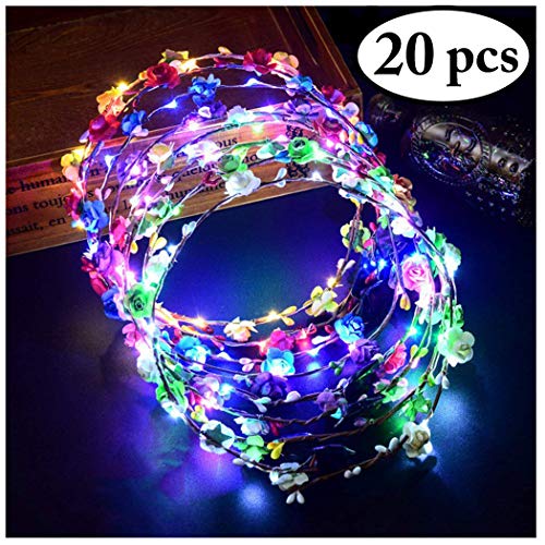 Product Cover FunPa 20PCS LED Flower Headband Light Up Flower Crown Garland Headband Luminous 10 LEDs Floral Headpiece for Women Girls Hair Accessories Birthday Wedding Festival Party (20 PCS)
