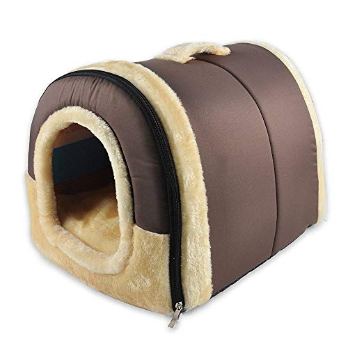 Product Cover Coral Velvet Self-Warming 2 in 1 Home and Sofa for Dog Bed Cat Foldable Cave Shape High Elastic Foam Warm Soft Pet Bed (C, Brown)