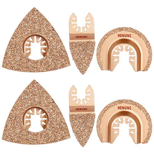 Product Cover 6pcs Universal Carbide Oscillating Saw Blades, HEMUNC Mixed Multitool Saw Blades Semicircle Triangular Finger Kit for Tile Grout Mortar Concrete Masonry