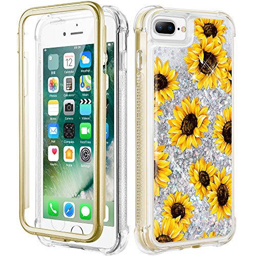 Product Cover Caka iPhone 8 Plus Case, iPhone 7 Plus Floral Glitter Full Body Case Built in Screen Protector Clear Flower Bling Sparkle Floating Girly Cute Liquid Case for iPhone 7 Plus 8 Plus (Sunflower)