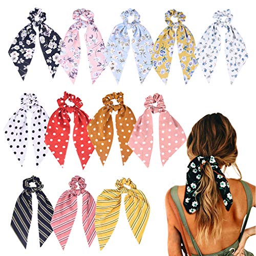 Product Cover 12 Pcs Hair Scarf Hair Scrunchies Chiffon Floral Scrunchie Hair Bands Ponytail Holder Scrunchy Ties 2 in 1 Vintage Accessories for Women Girls