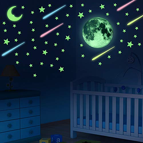 Product Cover UPINS 284 PCS Glow in Dark Stars Stickers, Glowing Stars, Moon and Meteors for Ceiling and Wall Decals, Good Choice for Kids Bedding Room or Party Birthday Gift