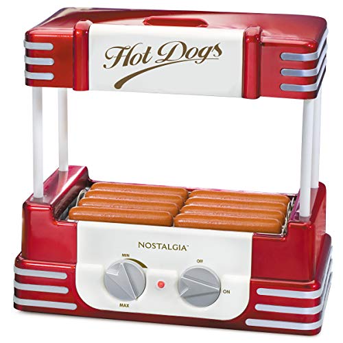 Product Cover Nostalgia HDR8RR Hot Dog Warmer 8 Regular Sized, 4 Foot Long and 6 Bun Capacity, Stainless Steel Rollers, Perfect For Breakfast Sausages, Brats, Taquitos, Egg Rolls, Retro Red