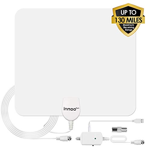 Product Cover Innoo Tech TV Antenna - HD Antenna Support 4K 1080P, 80-130 Miles Range Digital Antenna for HDTV, VHF UHF Freeview Channels Antenna with Amplifier Signal Booster, 16.5 Ft Longer Coaxial Cable, White