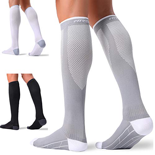Product Cover 3 Pairs Compression Socks for Women and Men 20-30mmHg- Circulation and Muscle Support Socks for Travel, Running, Nurse, Medical Black+White+Grey L/XL