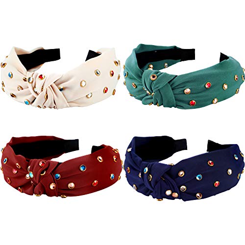 Product Cover 4 Pieces Twist Knot Headbands Colorful Rhinestone Headband Wide Hair Hoop Twisted Knotted Hair Band for Girls Women Hair Decoration