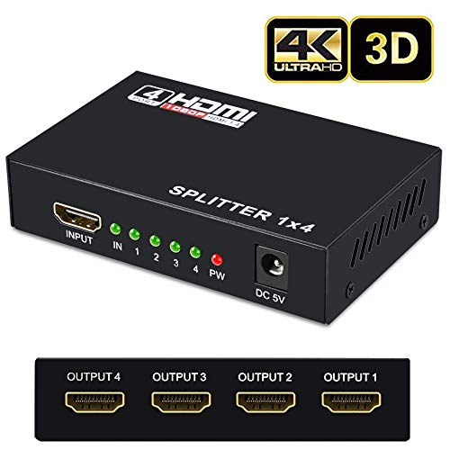 Product Cover HDMI Splitter 1 in 3 4 Out,DRLSS V1.4 Powered 1x4 Ports Box Supports 4K@30Hz Full Ultra HD 1080P and 3D Compatible with PC STB Xbox PS4 PS3 Fire Stick Roku Blu-Ray Player HDTV
