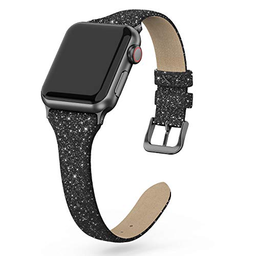 Product Cover SWEES Leather Band Compatible for Apple Watch 38mm 40mm, Shiny Bling Glitter Matte Slim Thin Elegant Genuine Leather Strap Compatible iWatch Series 5/4 /3/2 /1 Sport Edition Women, Glistening Black