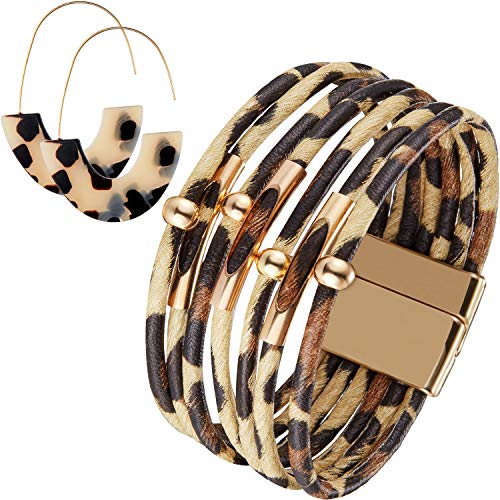 Product Cover Hicarer Leopard Bracelets Leopard Tube Bracelet Multilayer Leather Cuff Bracelet and Boho Leopard Earrings for Women Girls (Beige)