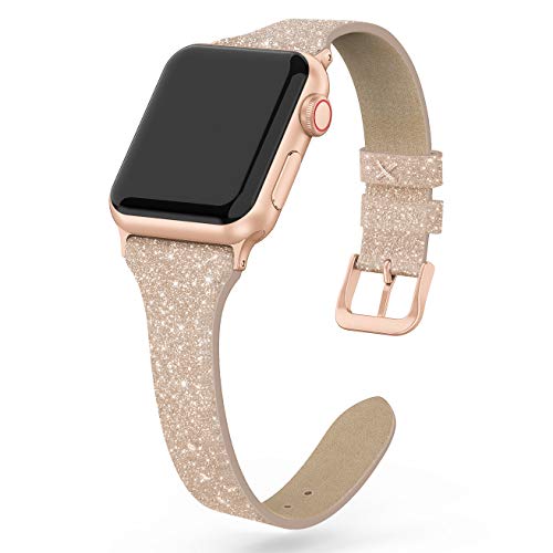 Product Cover SWEES Leather Band Compatible for Apple Watch 38mm 40mm, Shiny Bling Glitter Matte Slim Elegant Genuine Leather Strap Compatible iWatch Series 5/4 /3/2 /1 Sport Edition Women, Glistening Champagne