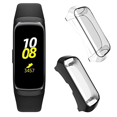 Product Cover Leotop Compatible with Samsung Galaxy Fit E Case Screen Protector, Soft TPU Plated Cover Full Cover Rugged Bumper Frame Compatible Samsung Galaxy Fit E SM-R370 Fitness Tracker (Black+Clear)