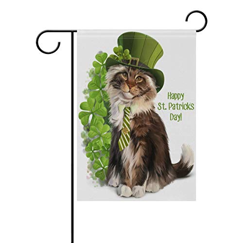 Product Cover fudin St. Patrick's Day Shamrock Double Sided Polyester Garden Flag 12 x 18 Inches, Cat-Leprechaun Clove Leaf Decorative Large House Flag for Party Yard Home Decor