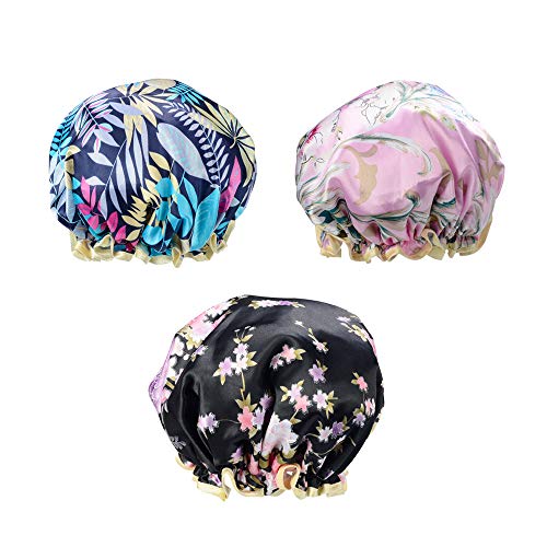 Product Cover Shower Cap Bath Caps Hat Designed for Women & Girls Waterproof caps Reusable Double Layer Bath accessories (3 Pack)