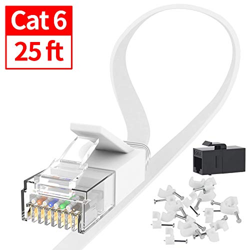 Product Cover Cat 6 Ethernet Cable 25 ft, Jaremite Internet Network Cable Cat6, Flat LAN Cable 25ft with RJ45 Connector for Router, Modem, PS4, Xbox (White)