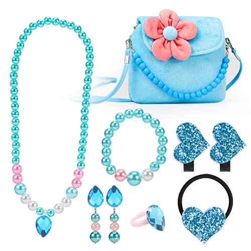 Product Cover Hifot Kids Jewelry Little Girls Plush Handbag Necklace Bracelet Earrings Ring Hair Clips Set, Princess Costume Jewelry Party Favors Gift for Dress up Pretend Play (3-8 Years)