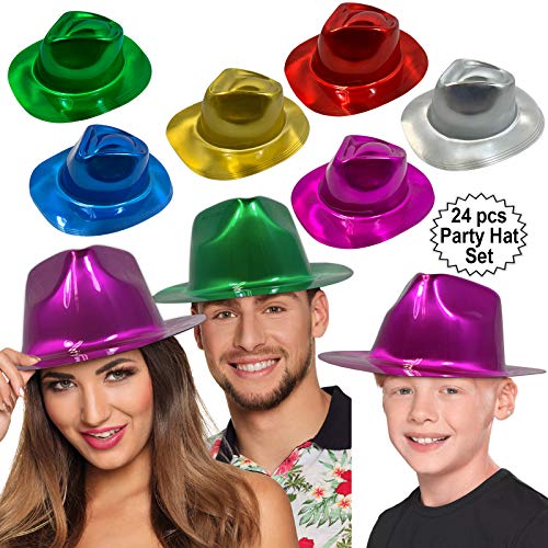 Product Cover Party Gangster Hats 24 pcs | Metallic Assorted Colors, Plastic Fedora Party Hats for Kids, Adults | Costume, Dress Up, Photo Booth Parties | By Anapoliz