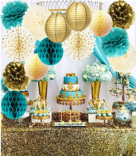 Product Cover Teal Gold Birthday Party Decorations Gold Polka Dot Paper Fans Teal Gold Tissue Pom Poms Fans for Teal Gold Wedding/Engagement Party/Bridal Shower Decorations/Bachelorette Party Decorations